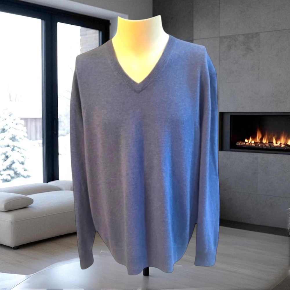 ALAN FLUSSER BLUE V-NECK 100% CASHMERE SWEATER SIZE X-LARGE